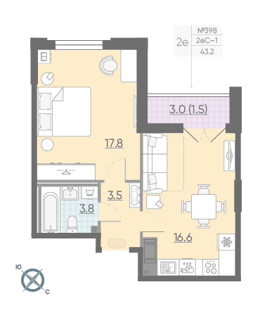 Однокомнатная квартира 43.2 м²