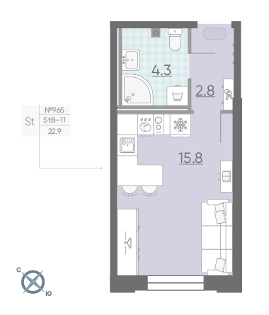 Студия 22.9 м²