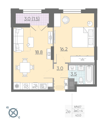 Однокомнатная квартира 43.7 м²