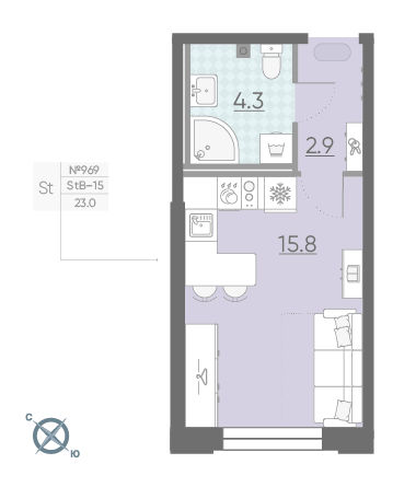 Студия 23 м²