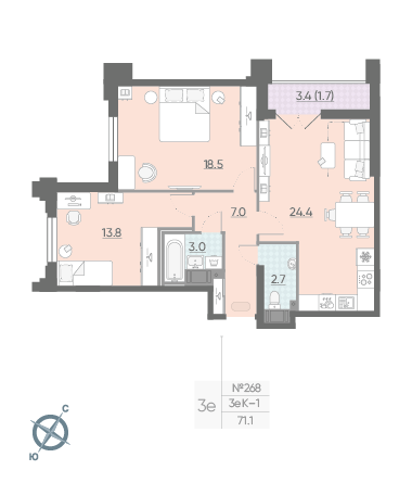 Двухкомнатная квартира 71.1 м²