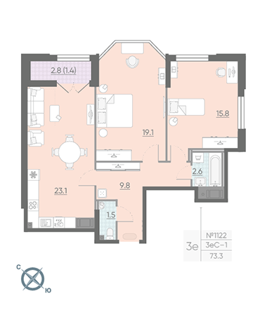Двухкомнатная квартира 73.3 м²