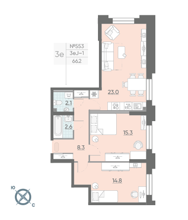 Двухкомнатная квартира 66.2 м²