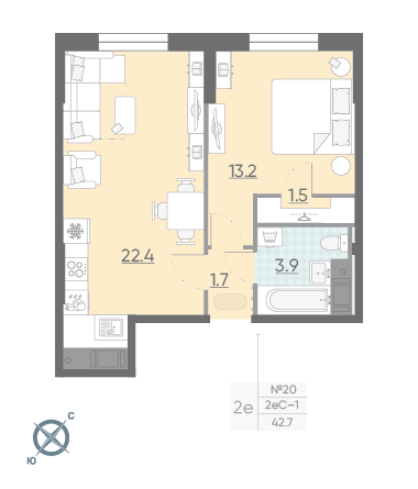 Однокомнатная квартира 42.7 м²