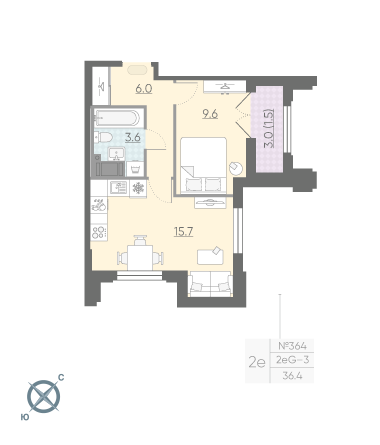 Однокомнатная квартира 36.4 м²