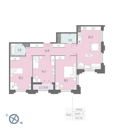 Трёхкомнатная квартира 99.9 м²