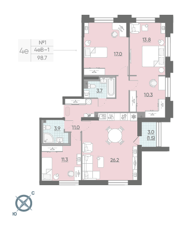 Трёхкомнатная квартира 98.7 м²