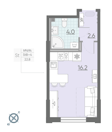 Студия 22.8 м²