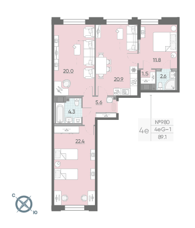 Трёхкомнатная квартира 89.1 м²
