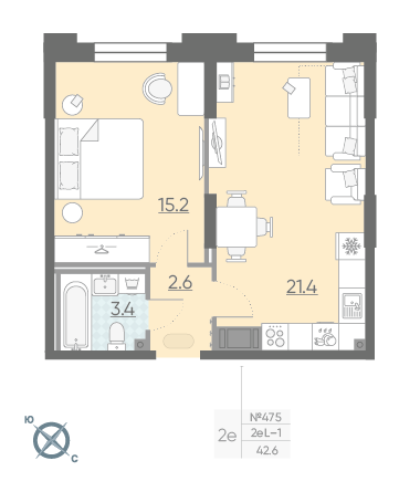 Однокомнатная квартира 42.6 м²