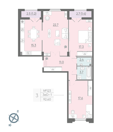 Двухкомнатная квартира 92.4 м²