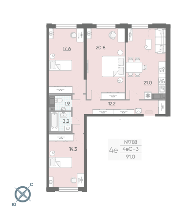 Трёхкомнатная квартира 91 м²