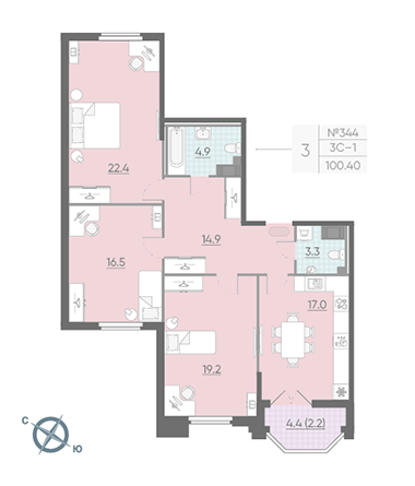 Трёхкомнатная квартира 99.5 м²