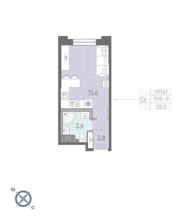Студия 22 м²