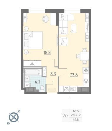 Однокомнатная квартира 49.8 м²