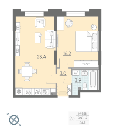 Однокомнатная квартира 46.5 м²