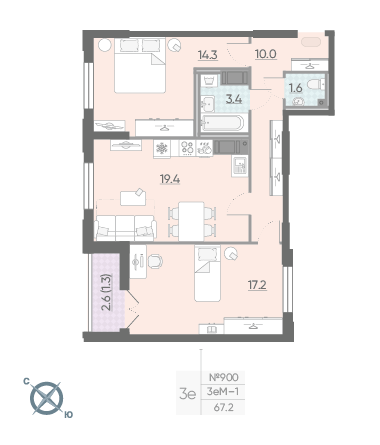 Двухкомнатная квартира 67.2 м²