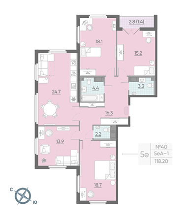 Четырёхкомнатная квартира 117.2 м²