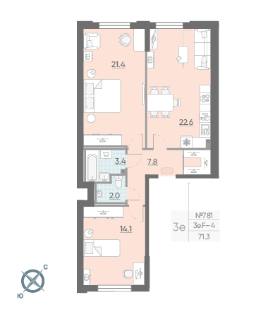 Двухкомнатная квартира 71.3 м²