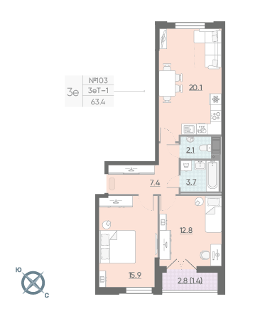 Двухкомнатная квартира 63.4 м²