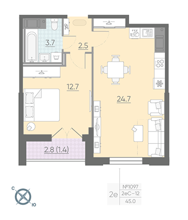 Однокомнатная квартира 45 м²
