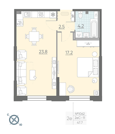 Однокомнатная квартира 47.7 м²
