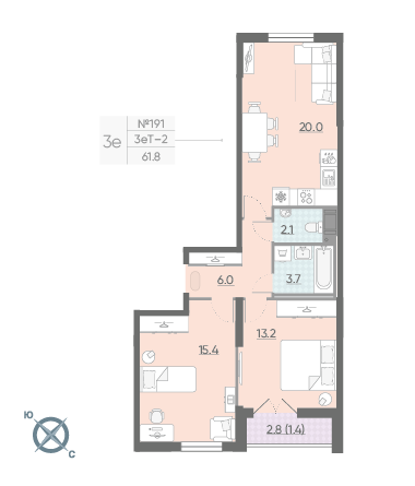 Двухкомнатная квартира 61.8 м²