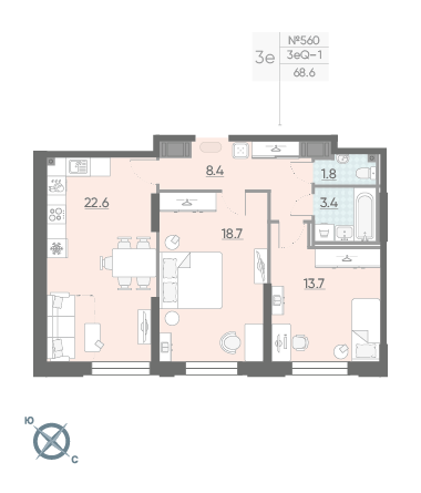 Двухкомнатная квартира 68.6 м²