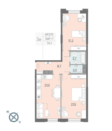 Двухкомнатная квартира 74.1 м²