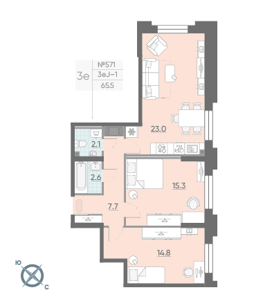 Двухкомнатная квартира 65.5 м²