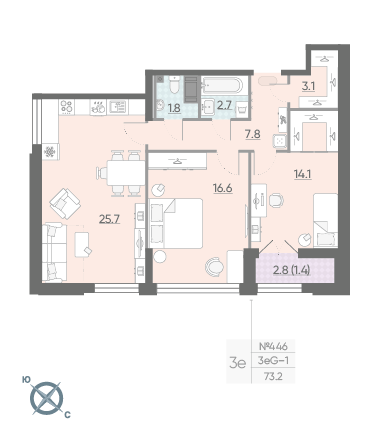 Двухкомнатная квартира 73.2 м²