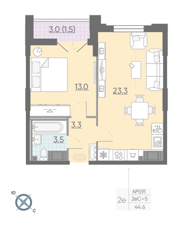 Однокомнатная квартира 44.6 м²