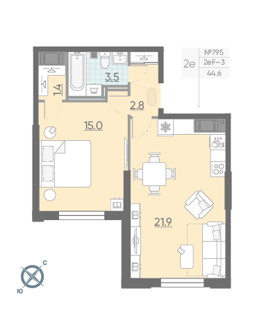 Однокомнатная квартира 44.6 м²