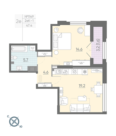 Однокомнатная квартира 45.7 м²