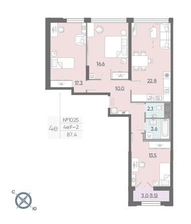 Трёхкомнатная квартира 87.4 м²