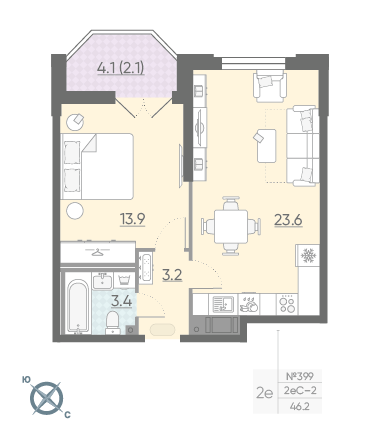 Однокомнатная квартира 46.2 м²