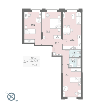 Трёхкомнатная квартира 90.4 м²