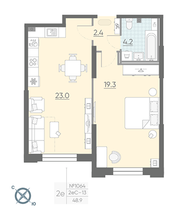 Однокомнатная квартира 48.9 м²