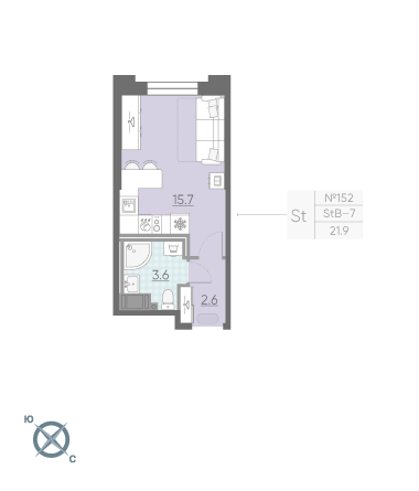 Студия 21.9 м²