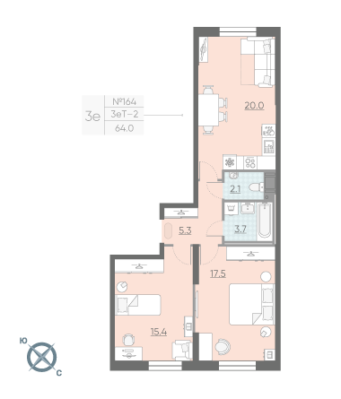 Двухкомнатная квартира 64 м²