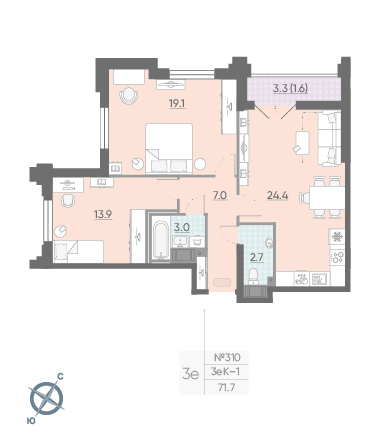 Двухкомнатная квартира 71.7 м²