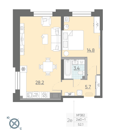 Однокомнатная квартира 52.1 м²