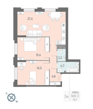 Двухкомнатная квартира 72.7 м²