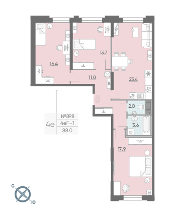 Трёхкомнатная квартира 88 м²