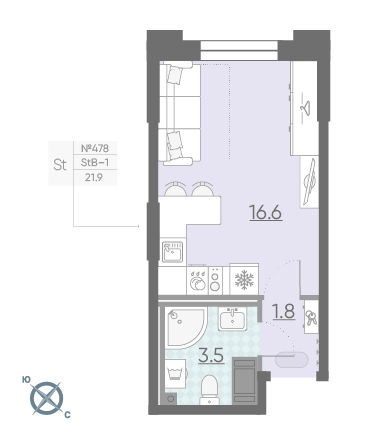 Студия 21.9 м²