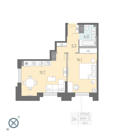 Однокомнатная квартира 45.1 м²