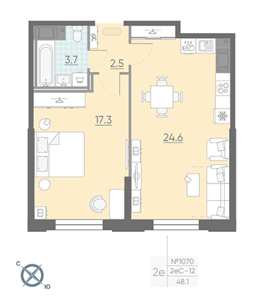 Однокомнатная квартира 48.1 м²