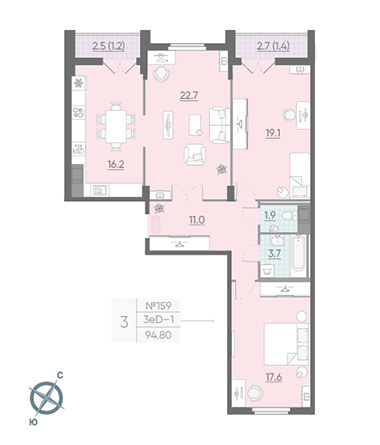 Двухкомнатная квартира 95.5 м²