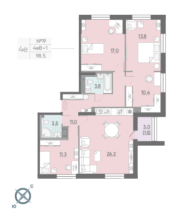 Трёхкомнатная квартира 98.5 м²