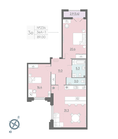 Двухкомнатная квартира 88.5 м²
